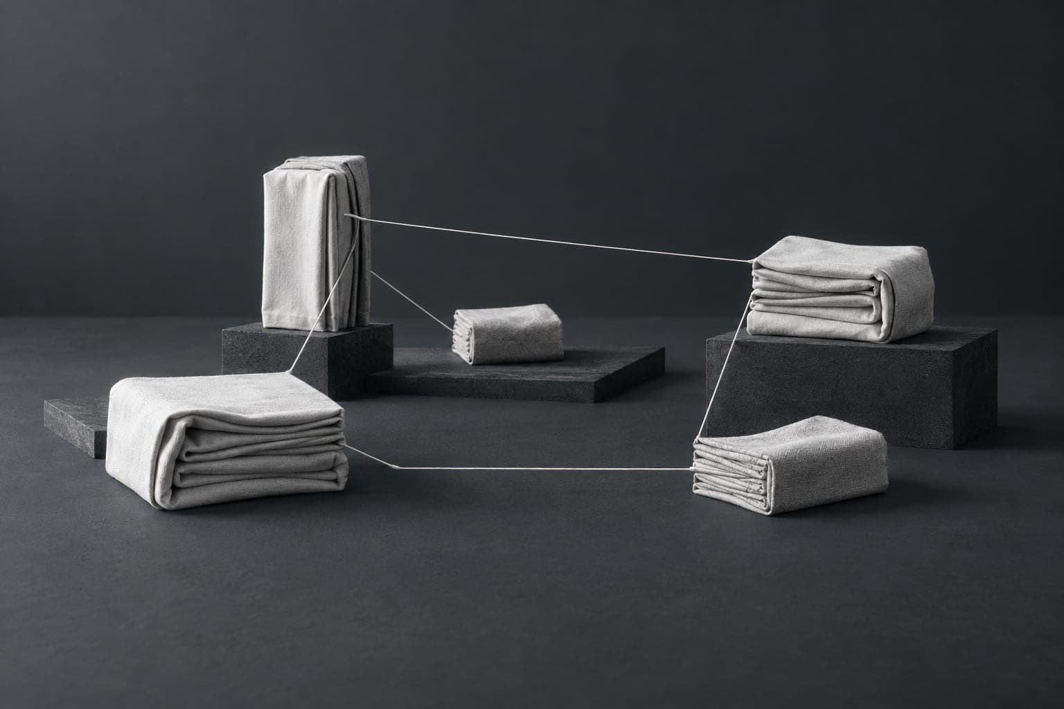 Pale folded fabric sculptures connected by thin threads on a charcoal surface